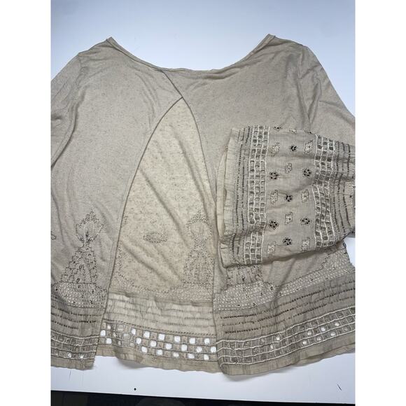 Women's Free People Split Back Linen Blend Beige Top Shirt Blouse Size Medium - Picture 11 of 11